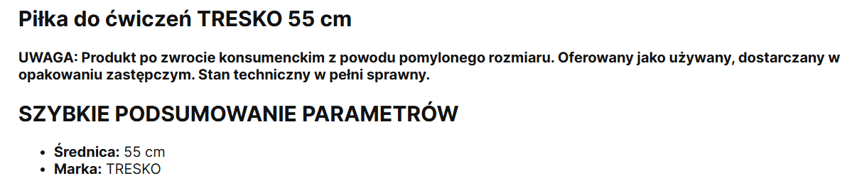 Przykładowy opis produktu po zwrocie sprzedawany jako używany